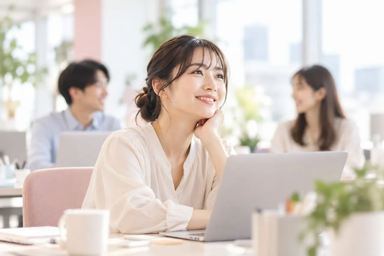 オフィスで笑顔を見せる社員