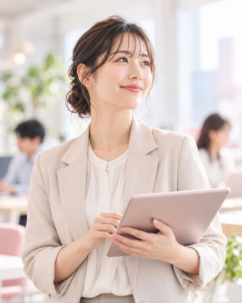 タブレットを持って微笑む社員