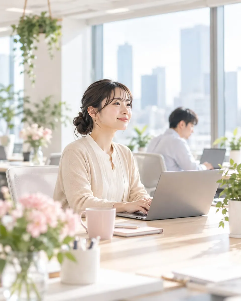 明るいオフィスでノートPCに向かう社員