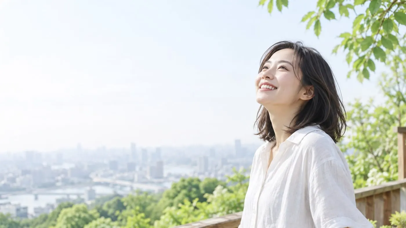 明るい街で、空を見上げて微笑む女性
