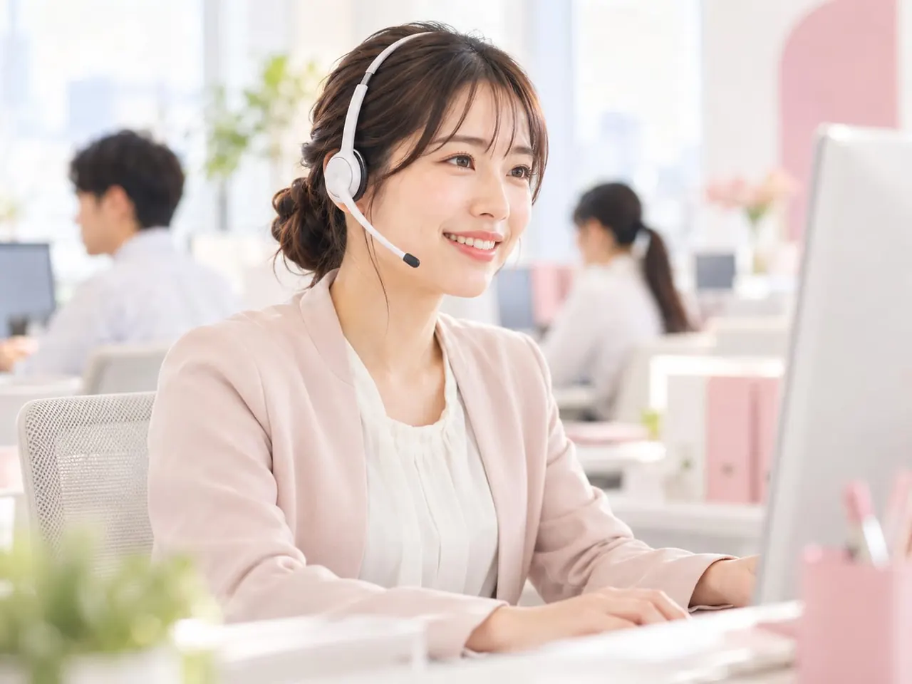 笑顔で電話対応をする社員