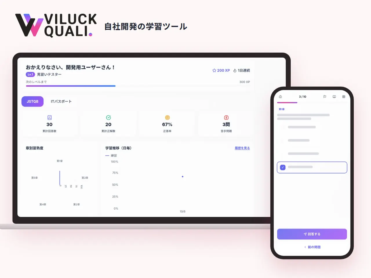自社開発の学習ツール VILUCK QUALI のパソコン画面とスマートフォン画面